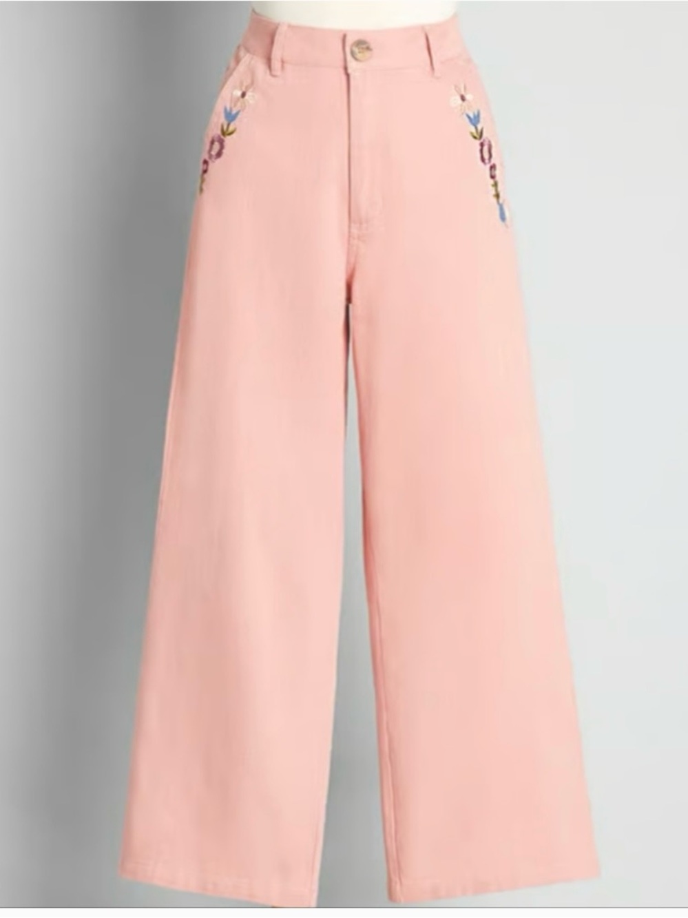 Wide Leg Pink Embroidered Pocket Pants